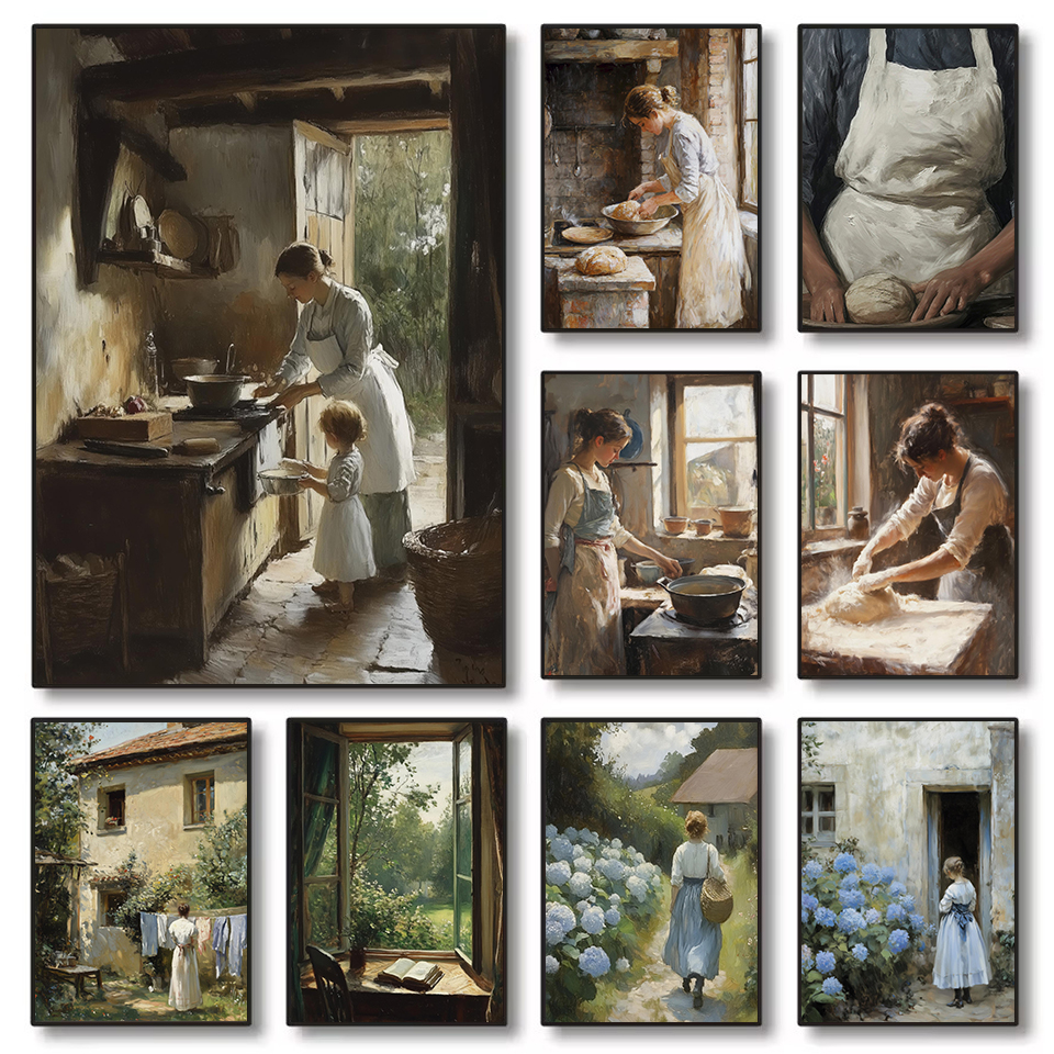 Kitchen Baking Wall Art - French Kitchen Woman Baking Bread Blue