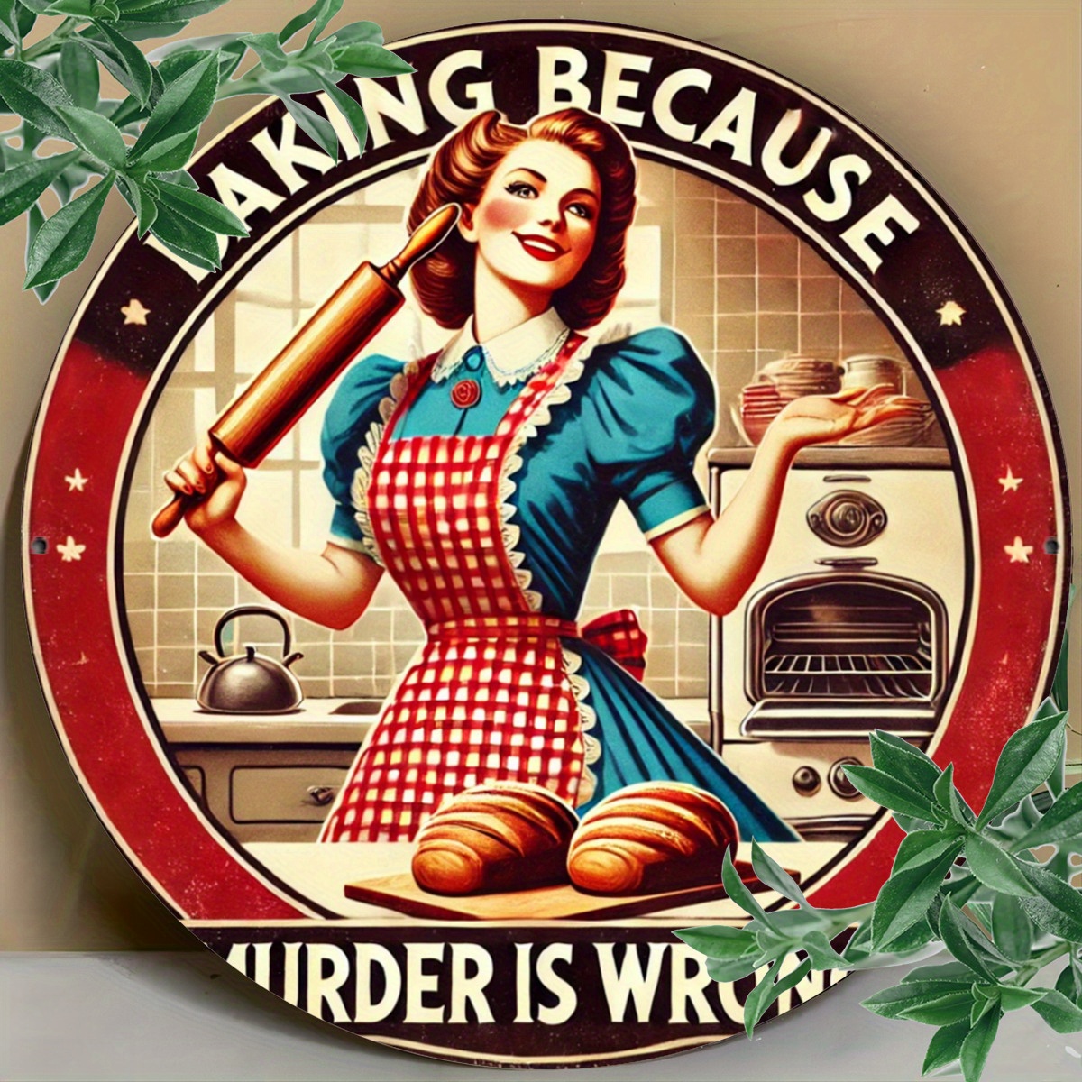 Kitchen Baking Wall Art - Vintage Lady Baking Aluminum Sign 